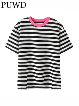 PUWD Дамски Модни Тениски черна ивица сращенные 2023 Лятна мода Ретро За Образно деколте Розово деколте С къс ръкав Дамски Шик върховете
