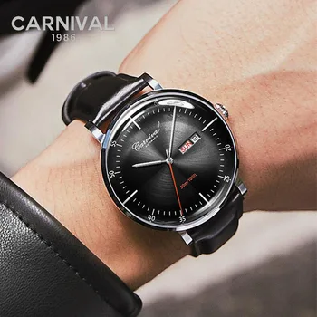 Моден тренд CARNIVAL Нови автоматични механични мъжки часовник с каишка от естествена кожа 30 м Водоустойчив часовник Мъжки часовник подарък Reloj Hombre
