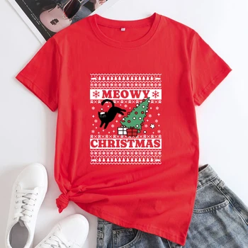 Мяукая Коледна Риза Camiseta Смешни Naughty Cat Коледна Тениска Реколта Женска Тениска За Зимните Празници и Партита