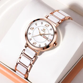 Нова тенденция, Дамски часовници с керамика каишка, луксозни Модерни ръчни часовници с диаманти, бизнес водоустойчив часовник с двойно календар за жени