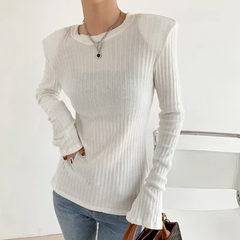 Пуловер, женска тениска, Всекидневни пуловер с дълъг ръкав и кръгло деколте, Есенни Обикновена Тънките Бели Дамски тениски корейски дизайн, Модни памучни блузи