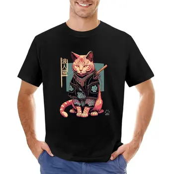 Тениска с котка Ронином, модни корейски черни тениски с къс ръкав за мъже