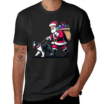 Тениска с кучето Акита Дядо Коледа, тениски по поръчка, естетична дрехи, реколта дрехи, обикновена тениска, мъжки тениски fruit of the стан