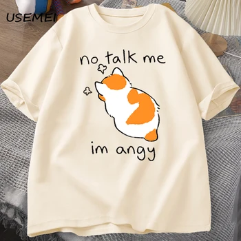 Тениска със забавна котка No Talk Me, Сладки Тениски с шарките на Angy Котка, Ежедневни тениски с животни, Топ Оверсайз, Лятна Мъжки дрехи, Фланелка Harajuku