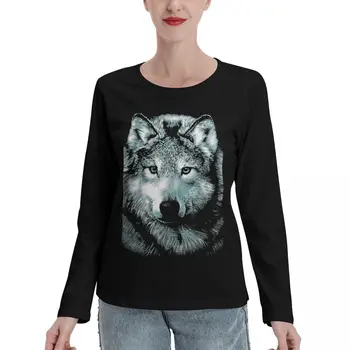 Тениски с волчьим лице с дълъг ръкав, потници, тениска с домашен любимец принтом, ново издание, тениски, дрехи за жени